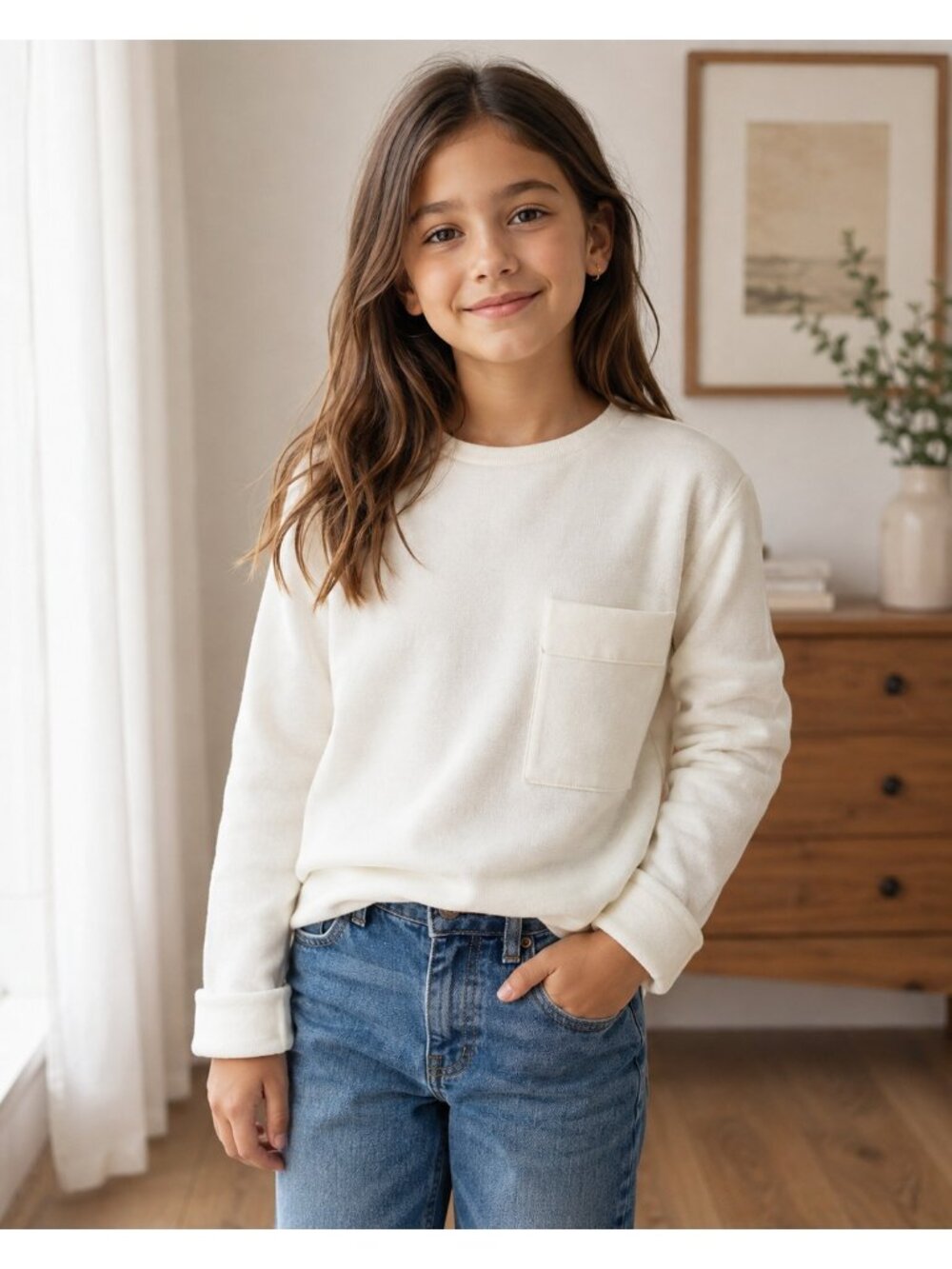 Zara Girls Knitwear Winter Collection Sweater Size 9 White Ecru Chest Pocket